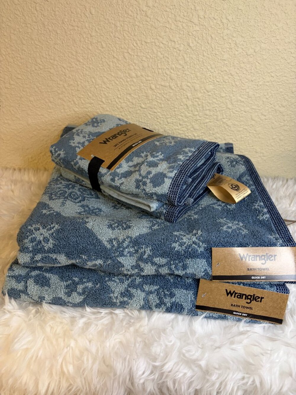 Wrangler Blue Floral 4 Pc Bath Towel Set Cotton Quick Dry Bathroom Towels NWT